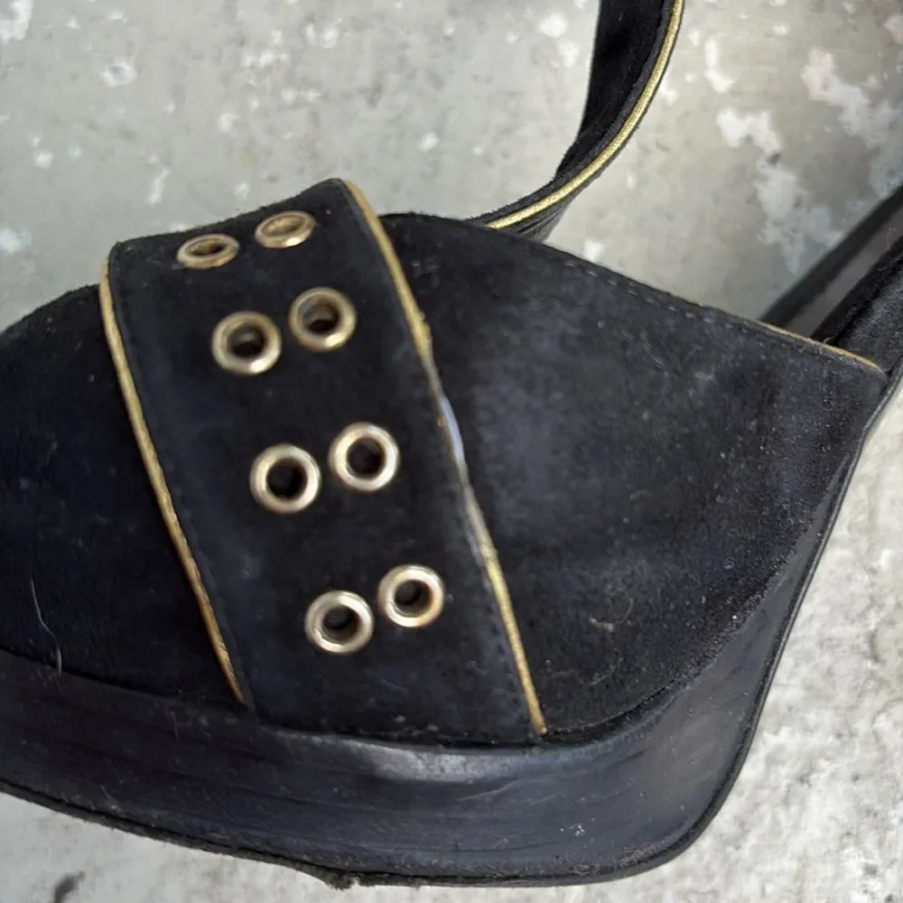 Fendi T strap suede platforms with gold grommets